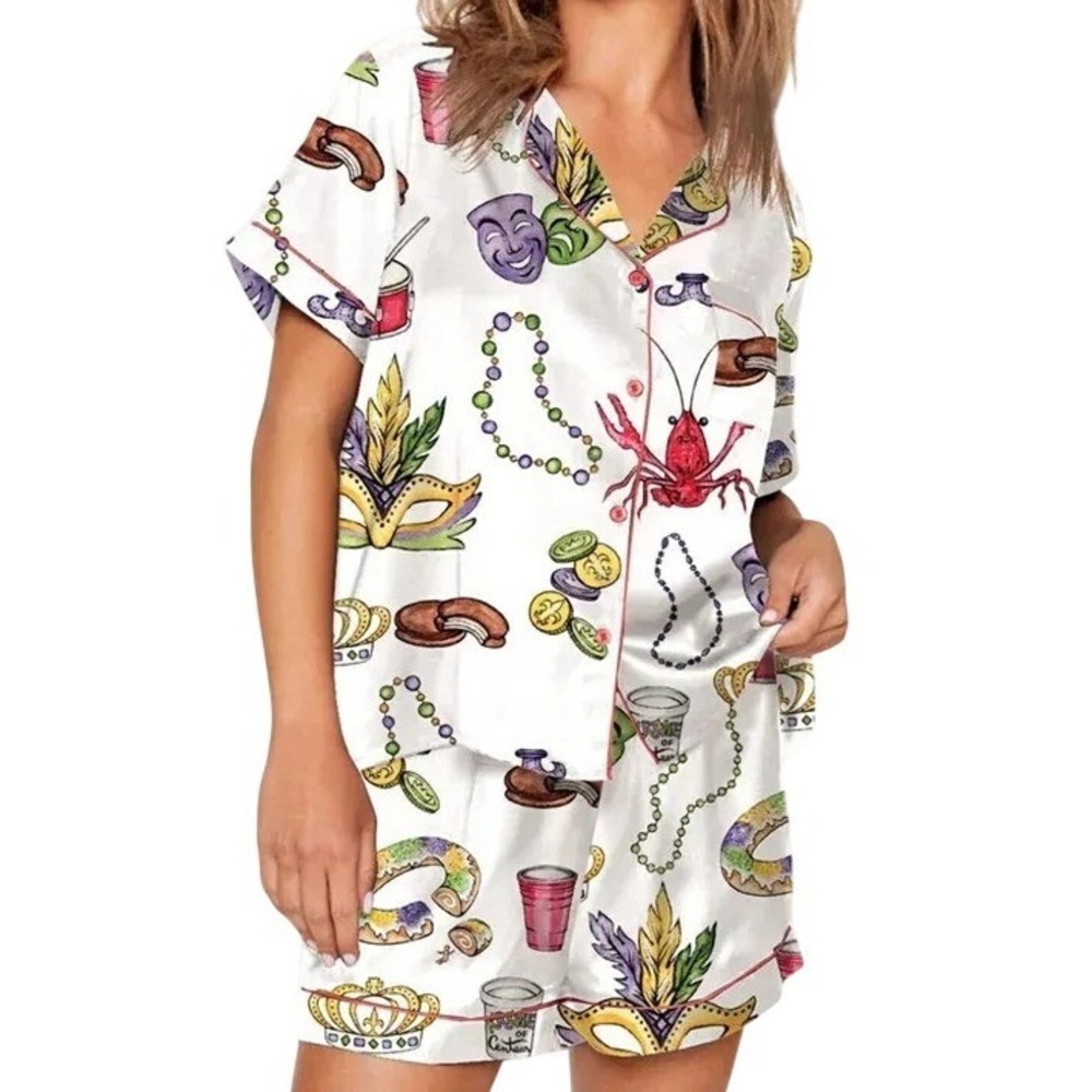 Sheshow Mardi Gras Pajama Short Set XXL White‎ Satin Crawfish Masks Sleep Lounge